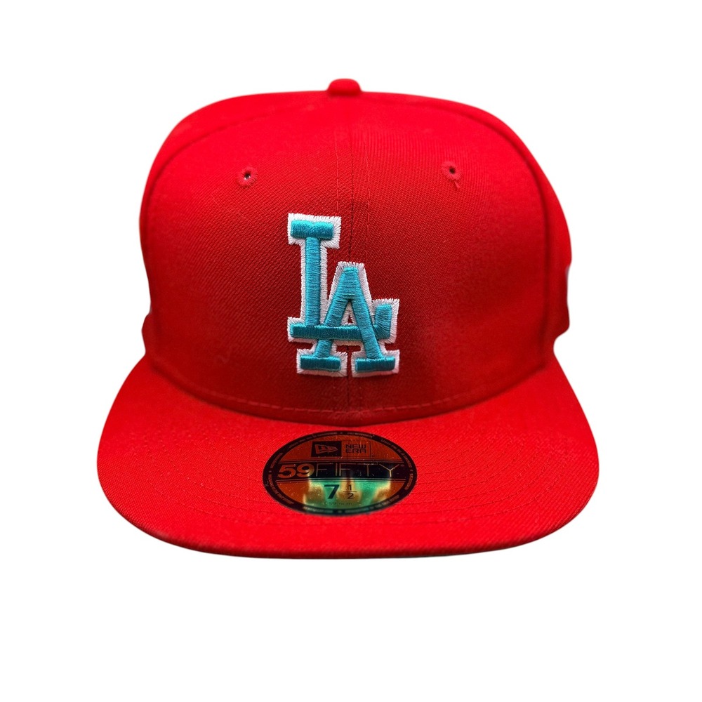 New Era Mens LA Dodgers 2020 World Series Fitted Hat Red Teal 7 1/2 Polyester